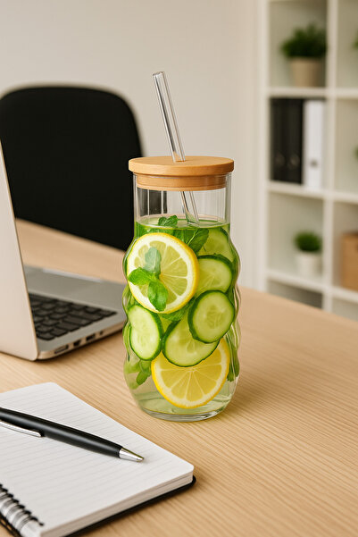 PERLAEVKAHVE Bambu Kapaklı Cam Dalgalı Şişe 1.2 L – Pipetli Detoks ve Soğuk İçecek Şişesi