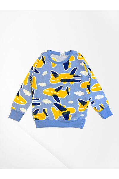 Fil Kids Erkek Çocuk Pamuklu Kumaş Mavi Renk Uçak Desenli Uzun Kollu Şardonlu Kışlık Pijama Takımı