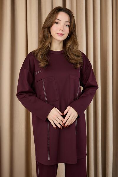 Puane Women's Stone Detailed Trouser Suit - 14379Tks - Burgundy