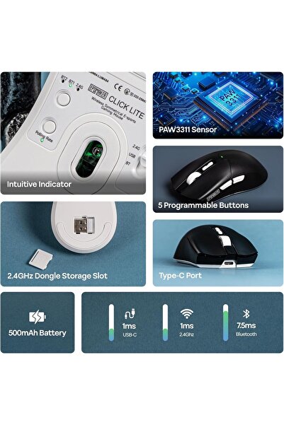 Epomaker Click Lite Wireless Gaming Mouse (Black) — PAW3311, 800–12000 DPI, 500mAh, 59g, Tri-mod