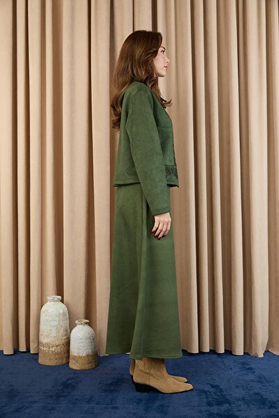 Puane Kadın Nakış Detaylı Fermuarlı Scuba Süet Ceket Takım - 14396TKM - KHAKI