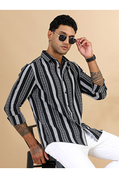 Bushirt By Styli Men Black Striped Spread Collar Shirt