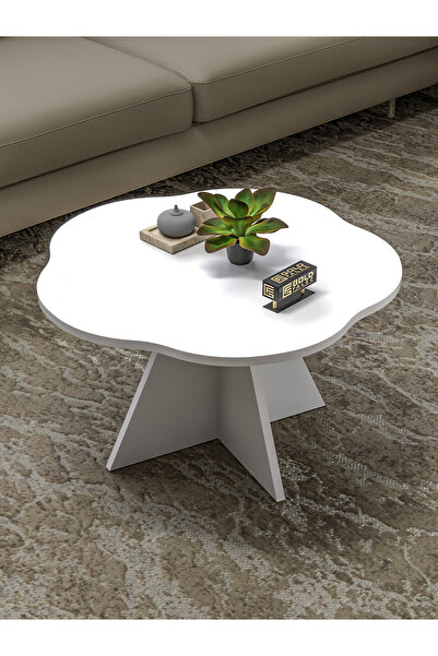 GOLDFALEZ Orta Sehpa Dekoratif Yuvarlak Orta Sehpa Yan sehpa 70 çap Çiçek Formlu Beyaz