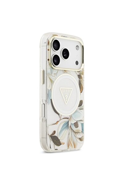 Guess Original IML Metal Glitter Flowers Triangle MagSafe iPhone 17 Pro Case, white