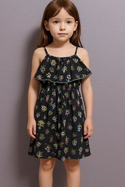 Işıltı kidss Cartoon Printed Suspender Girl Dress Navy Blue