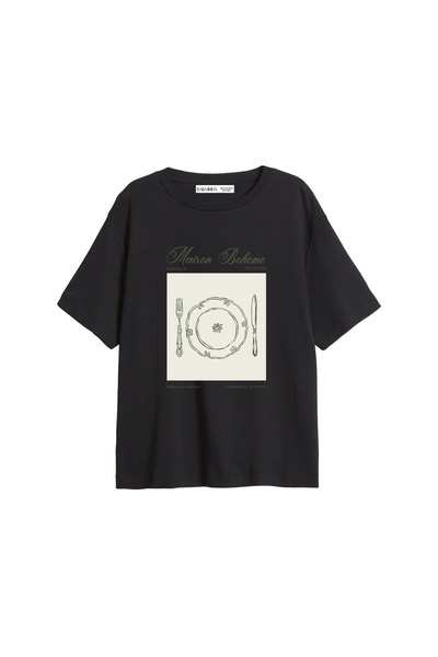 Bak Moda Γυναικείο μπλουζάκι Maison Boheme με στάμπα Relaxed Fit σε μαύρο χρώμα