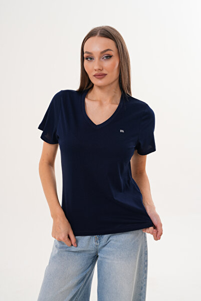 Basics&More Tricou pentru femei cu decolteu în V bumbac 100% basic bleumarin - Potrivire confortabilă Casual Summer tricou