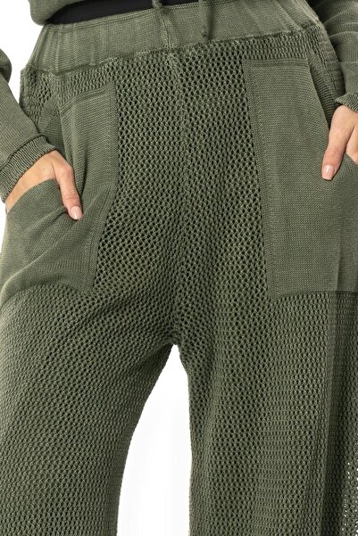 Eliş Şile Bezi Long Autumn and Winter Knitwear Trousers with Pockets, Wide Legs, Elastic Waist, and Detailing, Khaki Hk