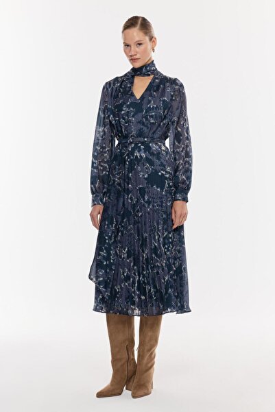 NAGRADA Desenli Şifon Piliseli Midi Elbise