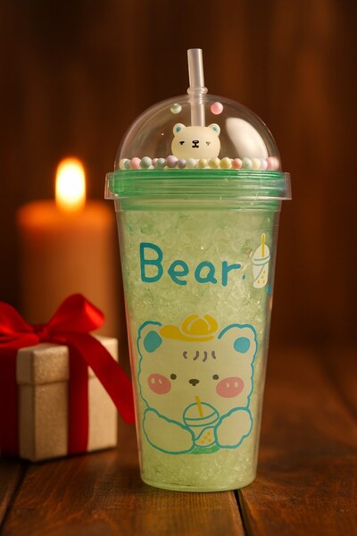 HediyeFilesi Crazy Bear Water Bottle with Straw, Ice Glass Look, 450 Ml, Double Layer, Cute Mica Water Bottle, 2093 Green