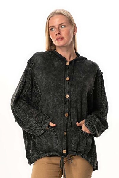 Eliş Şile Bezi Long Sleeve Ceren Mesh Button Detailed Double Pocket Winter Hooded Knitwear Blouse Smoked Fm