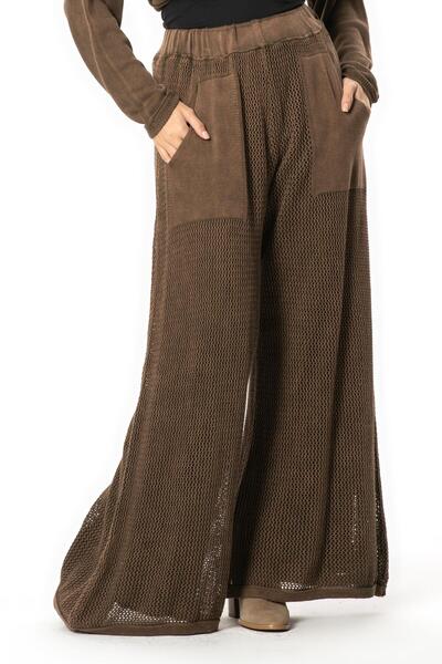 Eliş Şile Bezi Long Autumn and Winter Knitwear Trousers with Pockets, Wide Legs, Elastic Waist, and Detailing, Brown Khv