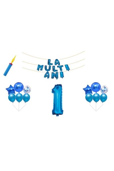 OEM Set baloane aniversare, 1 an, litere „La mulți ani”, albastru, decor tort...