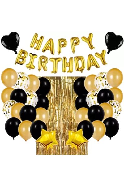 OEM Set 54 baloane La mulți ani, confetti, perdea decorativă, Negru/Auriu, 40cm