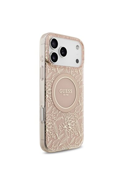 Guess IML Flowers Allover Electroplated MagSafe iPhone 17 Pro Max Case with Pearl Strap (pink)