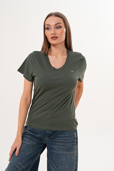 Basics&More Tricou pentru femei cu decolteu în V bumbac 100% basic kaki - Potrivire confortabilă Casual Summer tricou