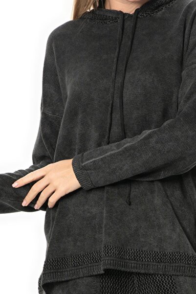 Eliş Şile Bezi Uzun Kol Kapüşonlu Fileli Sonbahar ve Kışlık Triko Bluz Füme Fm