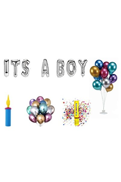 OEM Set baloane „E băiat”, decor tort cadou, 68 buc, argintii
