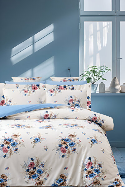 İQON Set lenjerie de pat cu cearșaf elastic dublu buchet albastru