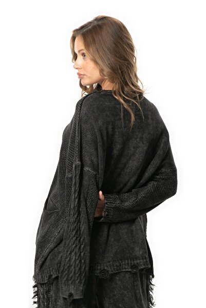 Eliş Şile Bezi Uzun Kol Aylin Örgü Detaylı Bisiklet Yaka Sonbahar ve Kışlık Triko Bluz Siyah Syh