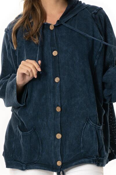 Eliş Şile Bezi Long Sleeve Ceren Mesh Button Detailed Double Pocket Winter Hooded Knitwear Blouse Navy Blue Lcvt