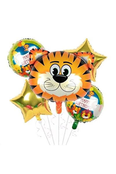 Domi Party & Gifts Set of 5 foil balloons - Happy Birthday, Zoo Theme, Tiger