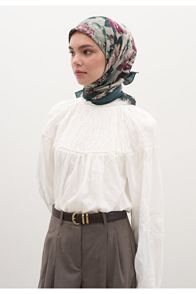 Fresh Eșarfă din bumbac și viscoză cu model magnolie, verde închis