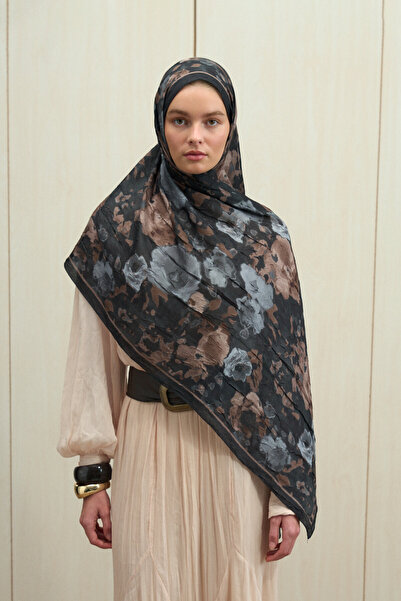 cs camellia scarf Pretty Kraş Shawl - Black-Beige