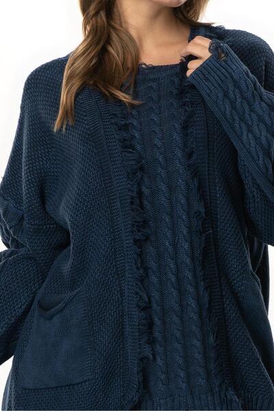 Eliş Şile Bezi Long Sleeve Aylin Knit Detailed Crew Neck Autumn and Winter Knitwear Blouse Navy Blue Lcvt