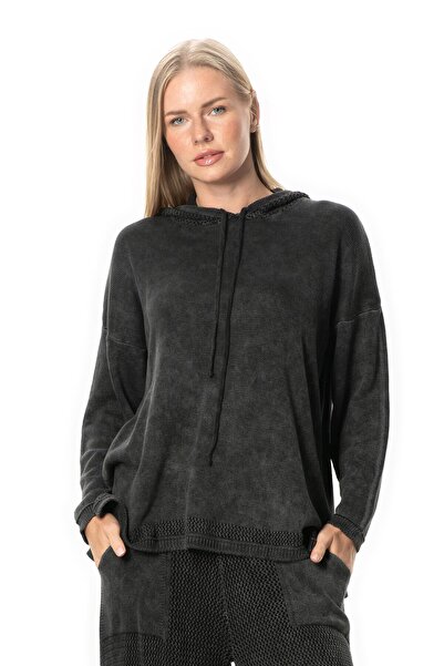 Eliş Şile Bezi Uzun Kol Kapüşonlu Fileli Sonbahar ve Kışlık Triko Bluz Füme Fm