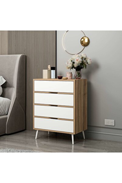 Minar Elina Ayaklı 4 Çekmeceli Şifonyer - Dore/Beyaz