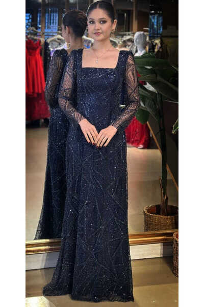 Abiyeniall Lacivert Kare Yaka Uzun Kollu Kloş Etekli Pullu Boncuklu Uzun Abiy...