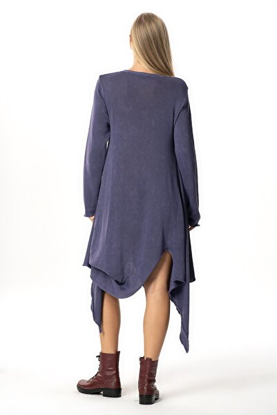 Eliş Şile Bezi Long Sleeve Handan Asymmetrical Cut Autumn and Winter Flowy Midi Length Knitwear Dress Purple Purple