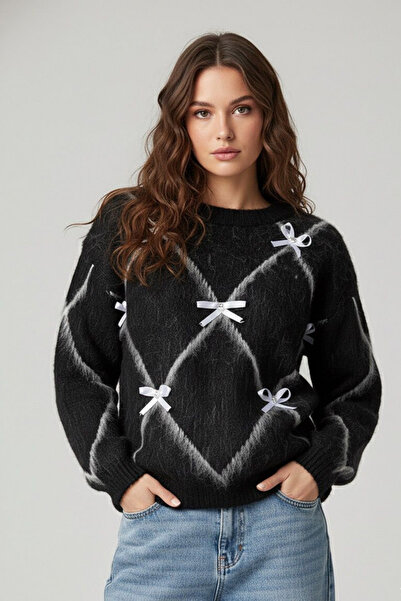 MILANOFOX Women's Soft Textured Bow Detailed Patterned Sweater