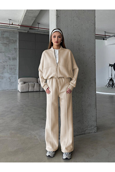 BayBayan Women's Zippered Bomber Jacket Tracksuit Set