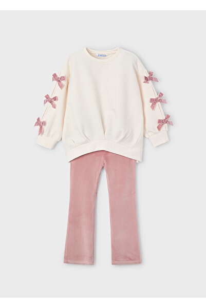 MAYORAL 4-10 Years Old Girl's Cream Color Fleece-Lined Bow Detailed Sweatshirt and Pink Velvet Leggings 2-Piece Set