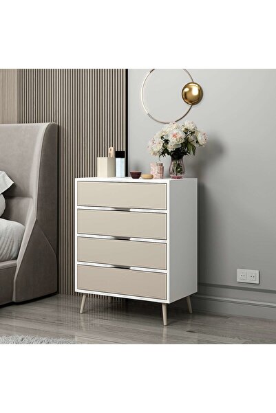 Minar Elina Ayaklı 4 Çekmeceli Şifonyer - Beyaz/Kumtaşı