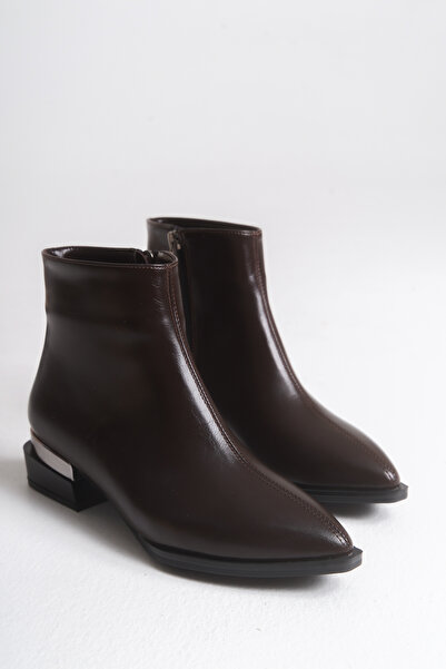 Shu Mhu Остриести ток, шев, цип отстрани, огледален финиш, 4 см ток, дамски кафяви ботуши