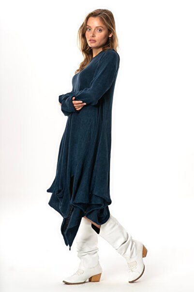 Eliş Şile Bezi Long Sleeve Handan Asymmetrical Cut Autumn and Winter Flowy Midi Length Knitwear Dress Indigo Indg