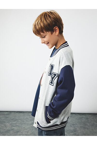 Koton Embroidered Snap Closure Bomber College Gray Boy's Jacket 6Wkb30008Tk