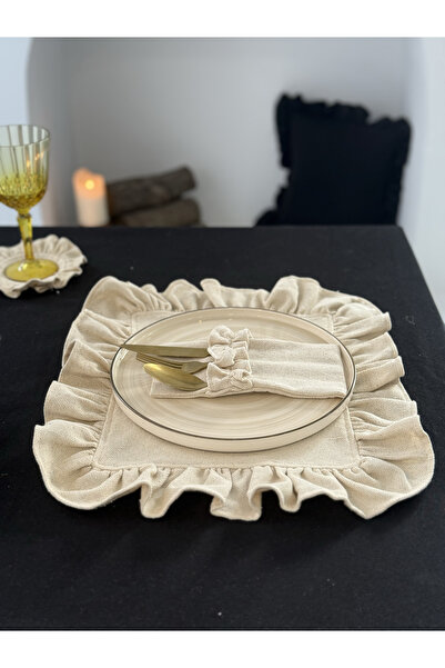 KaiAtelier Natural Ham Keten Dikdörtgen Fırfır Detaylı Amerikan Servis/ Supla 1 Adet