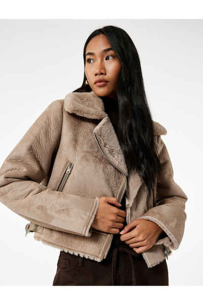 Koton διπλό πέτο Μακρυμάνικο μπουφάν με φερμουάρ και τσέπες από ψεύτικη γούνα, κοντό μπουφάν από ψεύτικο σουέτ