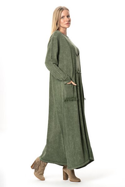 Eliş Şile Bezi Uzun Kol Gamze Cep Detaylı Sonbahar ve Kışlık Uzun Triko Elbise Haki Hk