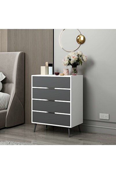 Minar Elina Ayaklı 4 Çekmeceli Şifonyer - Beyaz/Antrasit