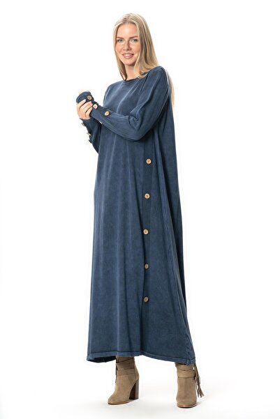 Eliş Şile Bezi Uzun Kol Gözde Bisiklet Yaka Düğme Detaylı Sonbahar ve Kışlık Uzun Triko Elbise İndigo indg