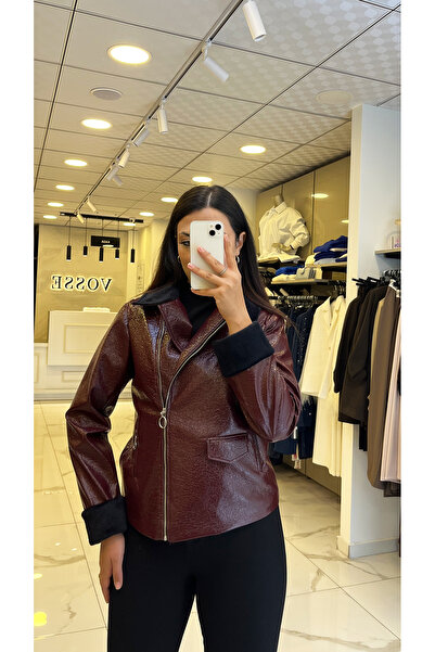 Vosse İndigo Bordo Kürk Yakalı Rugan Mont