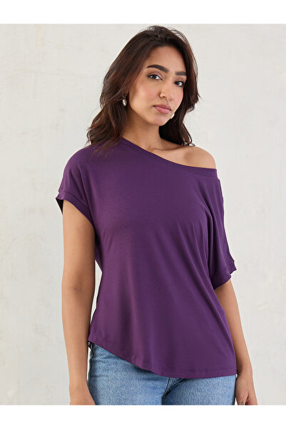 Femmella By Styli Purple One Shoulder Neck Knit Top