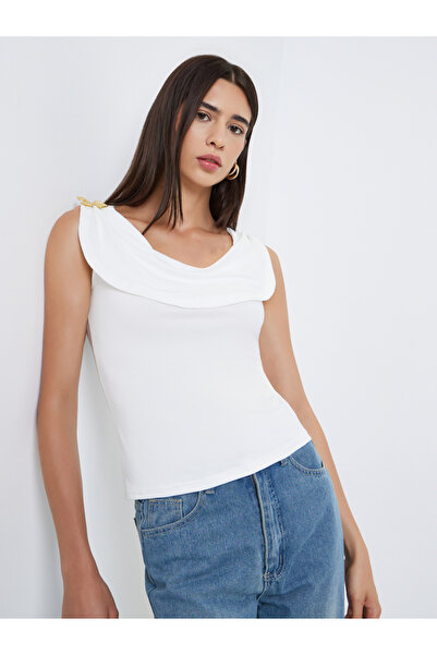 Styli White Sleeveless Top with Butterfly Metal Accent