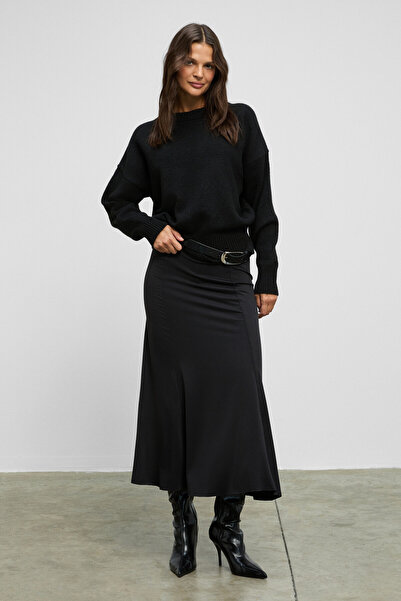 GRIMELANGE Jeveux Women's Stretchy Fabric Stitching Detail Long Black Skirt