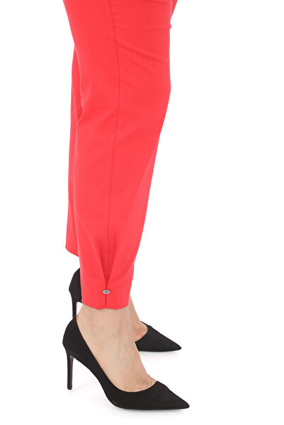 EXİTLİNE Women's Summer Spring Red Trousers with Front Decorative Pockets, Leg Accessories, Logo Detail, Elastic Waist